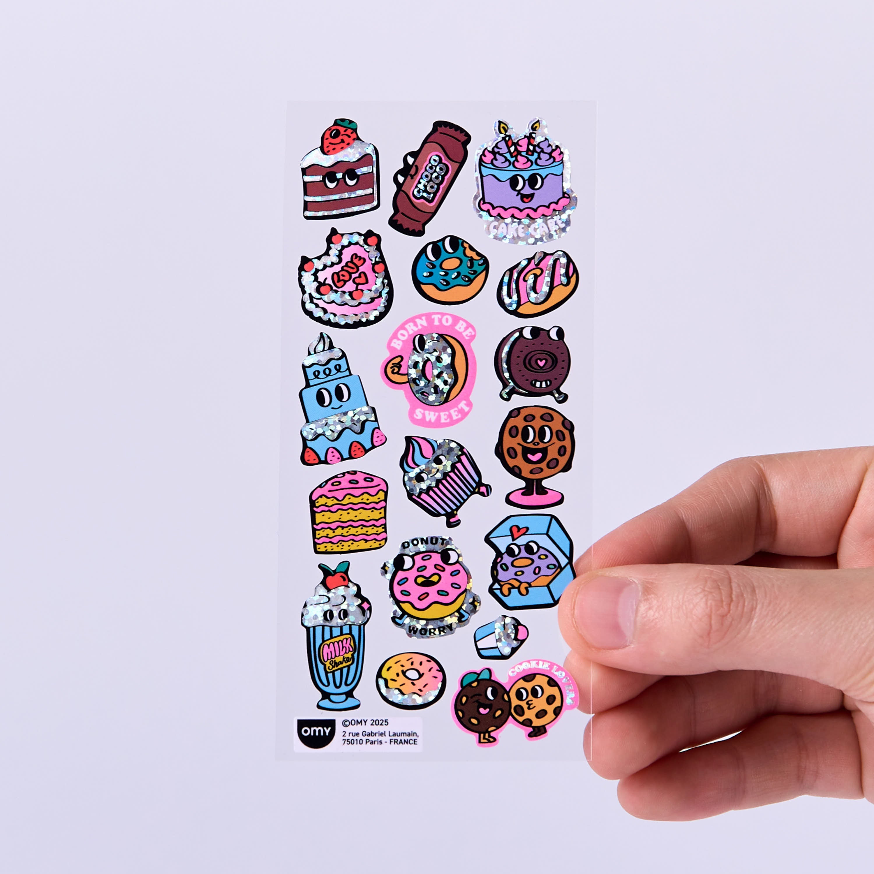 Donuts OMY vinyl sticker sheet with cakes, cookies, cupcakes and fun messages