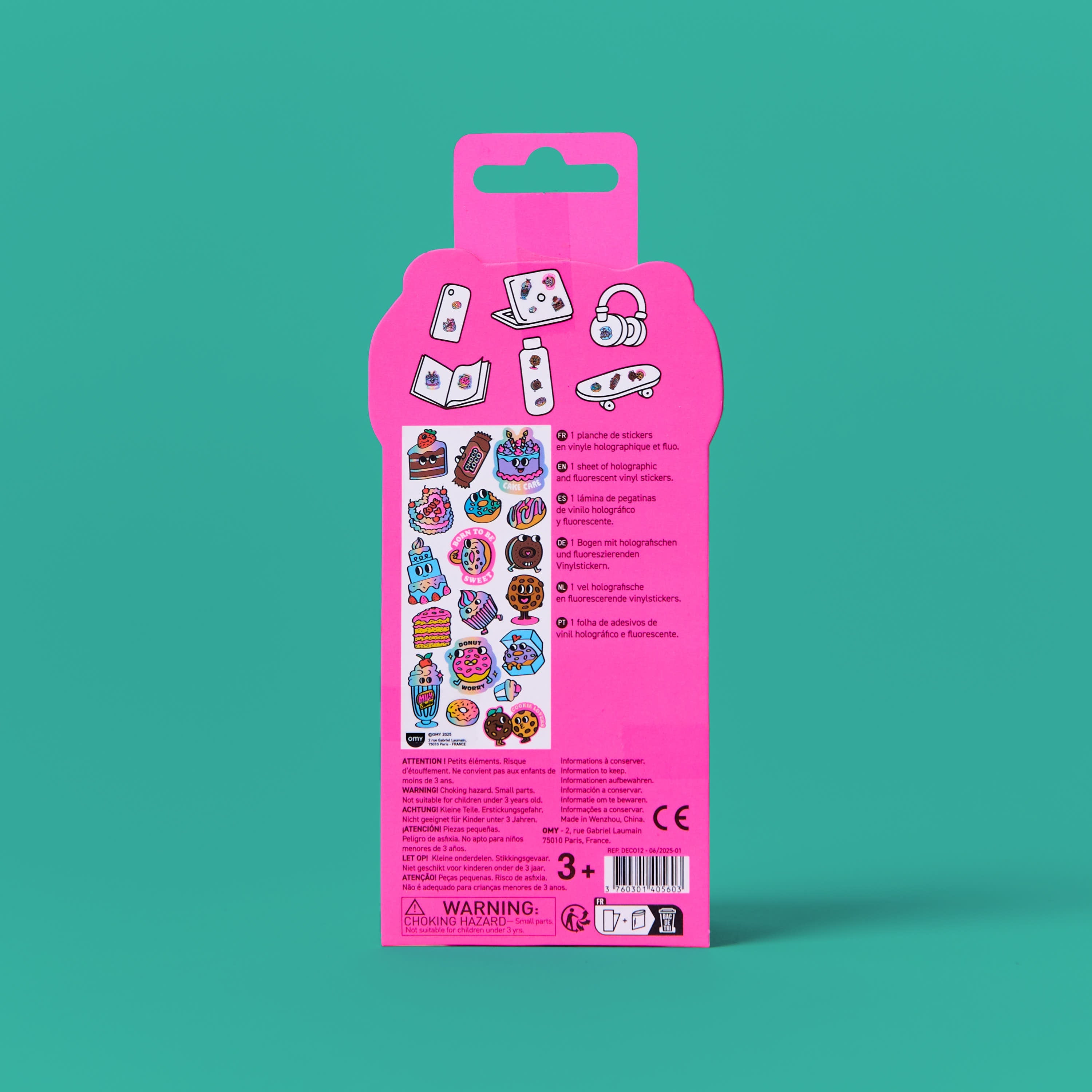 Back of the Fabulous Stickers Donuts OMY packaging, with a preview of the stickers and product information