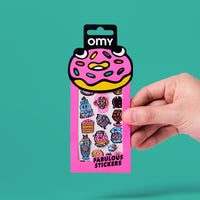 Fabulous Stickers Donuts OMY sticker sheet with holographic donuts, cupcakes and desserts on a green background