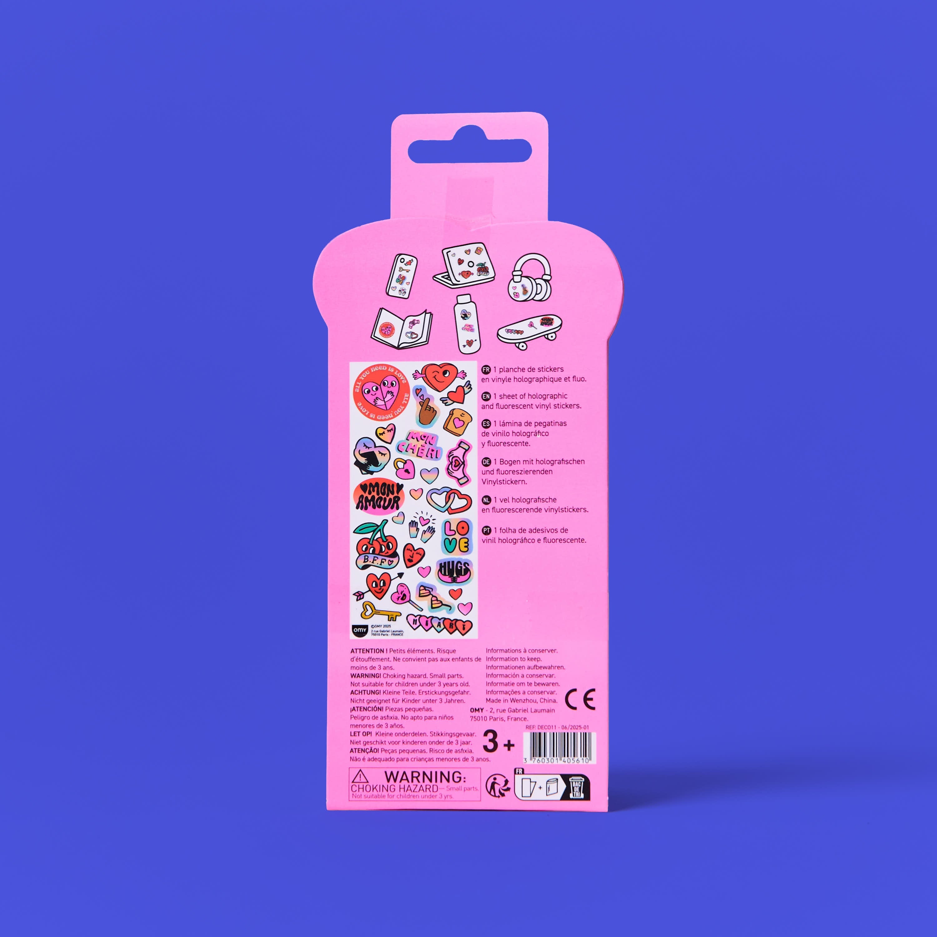 Back of the Fabulous Stickers Iconic Love OMY packaging, holographic vinyl sticker sheet with a love theme
