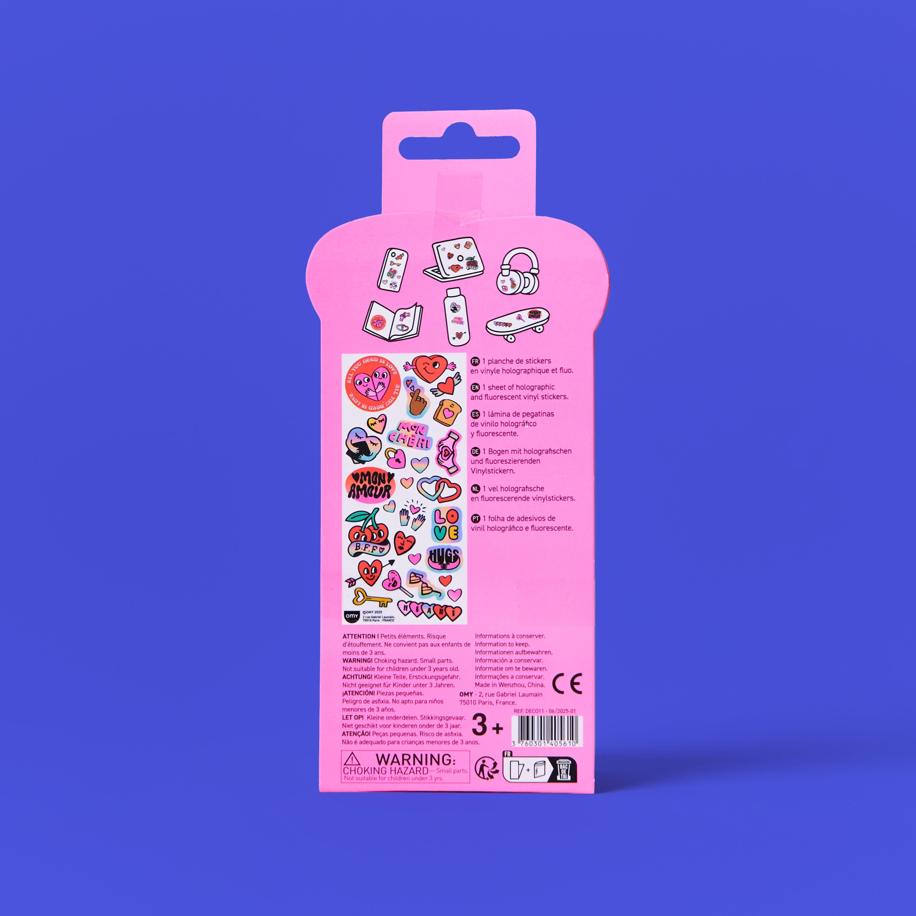 Packaging derrière Fabulous Stickers Iconic Love OMY, planche de stickers vinyle holographiques thème amour