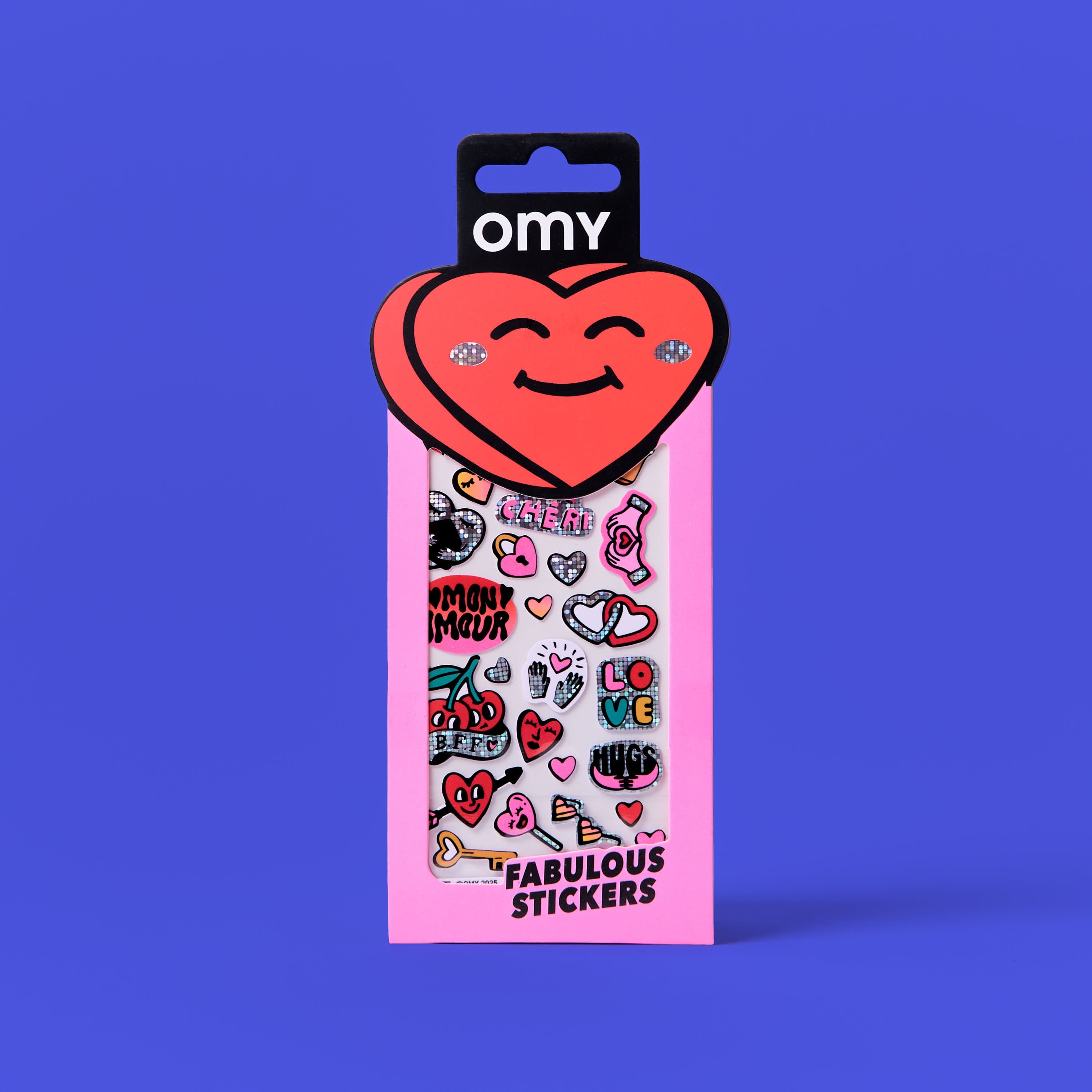 Front of the Fabulous Stickers Iconic Love OMY packaging, holographic vinyl sticker sheet with a love theme