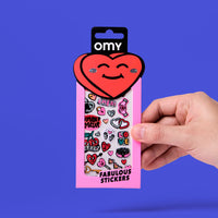 Fabulous Stickers Iconic Love OMY, sticker sheet of red hearts and love messages, holographic and fluorescent stickers on a blue packaging background