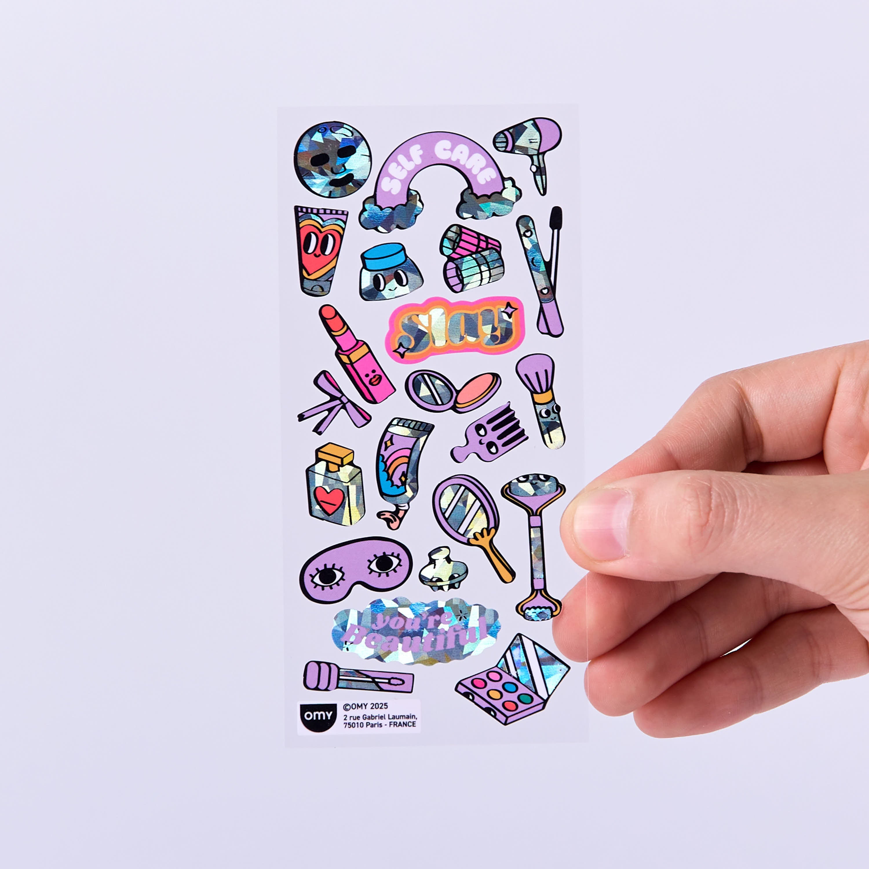 Fabulous Stickers Make Up OMY – planche de stickers vinyle holographiques et fluorescents sur le thème du maquillage