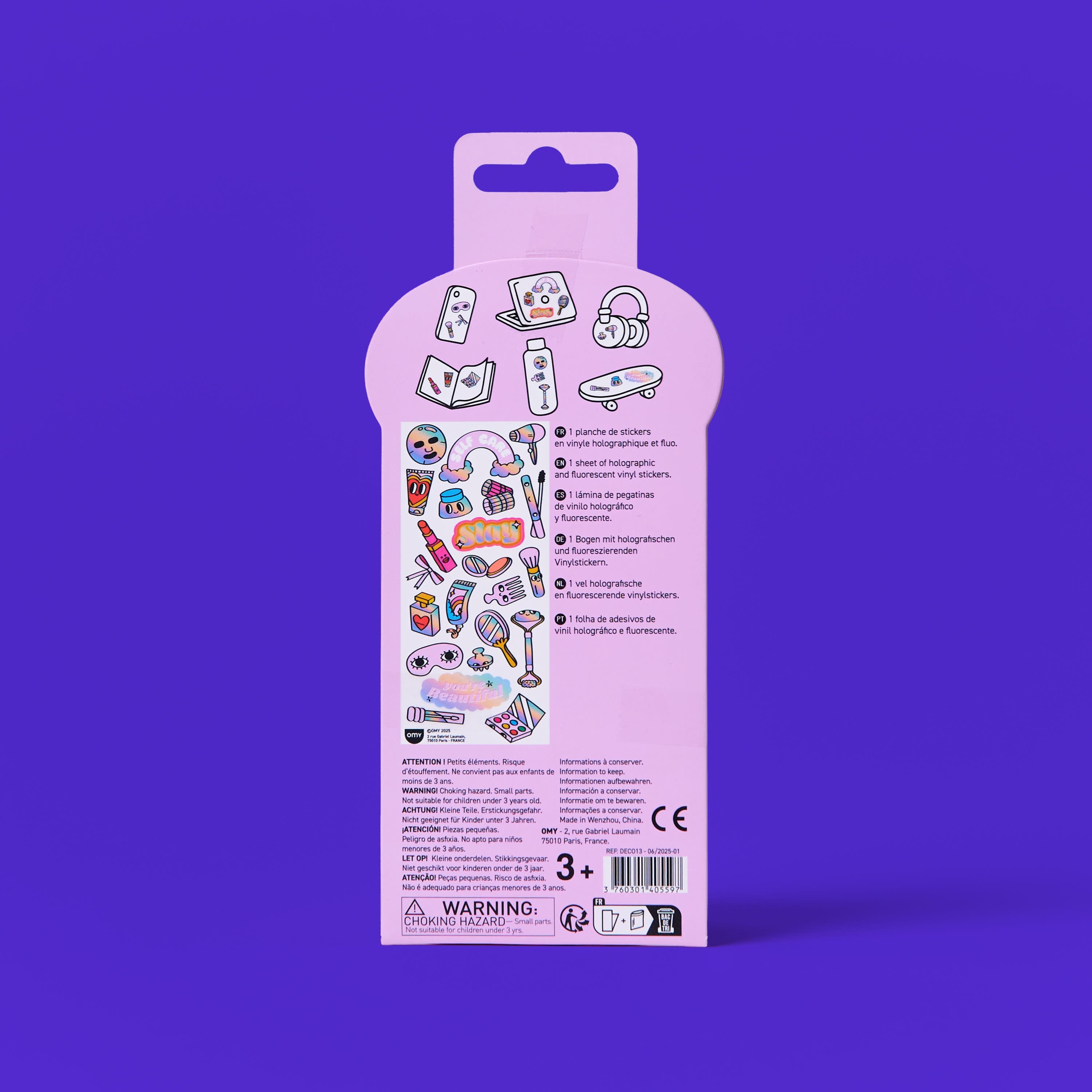 Dos de l’emballage Fabulous Stickers Make Up OMY – planche de stickers vinyle holographiques et fluorescents
