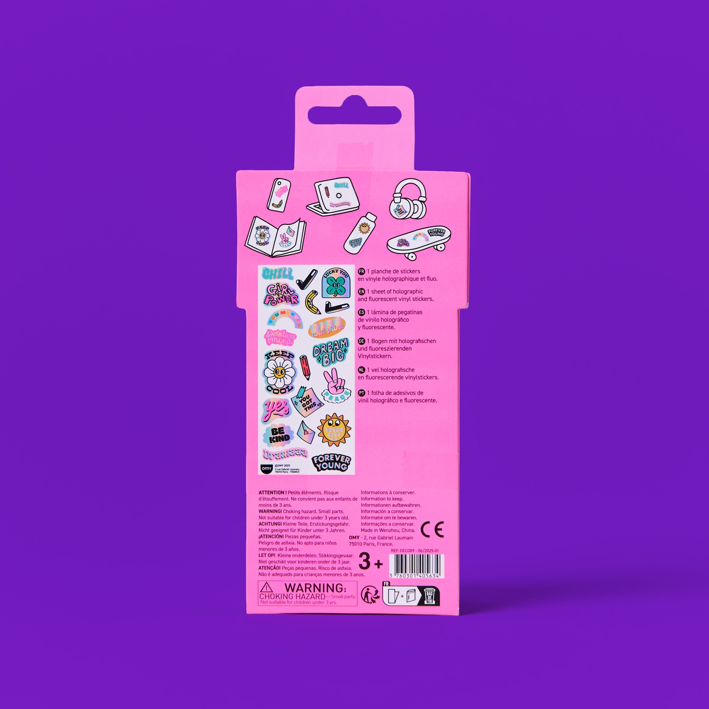 Back of the Fabulous Stickers Messages OMY packaging, with a preview of the holographic stickers and uses