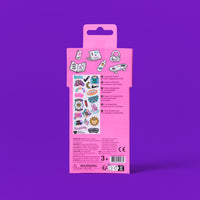 Back of the Fabulous Stickers Messages OMY packaging, with a preview of the holographic stickers and uses