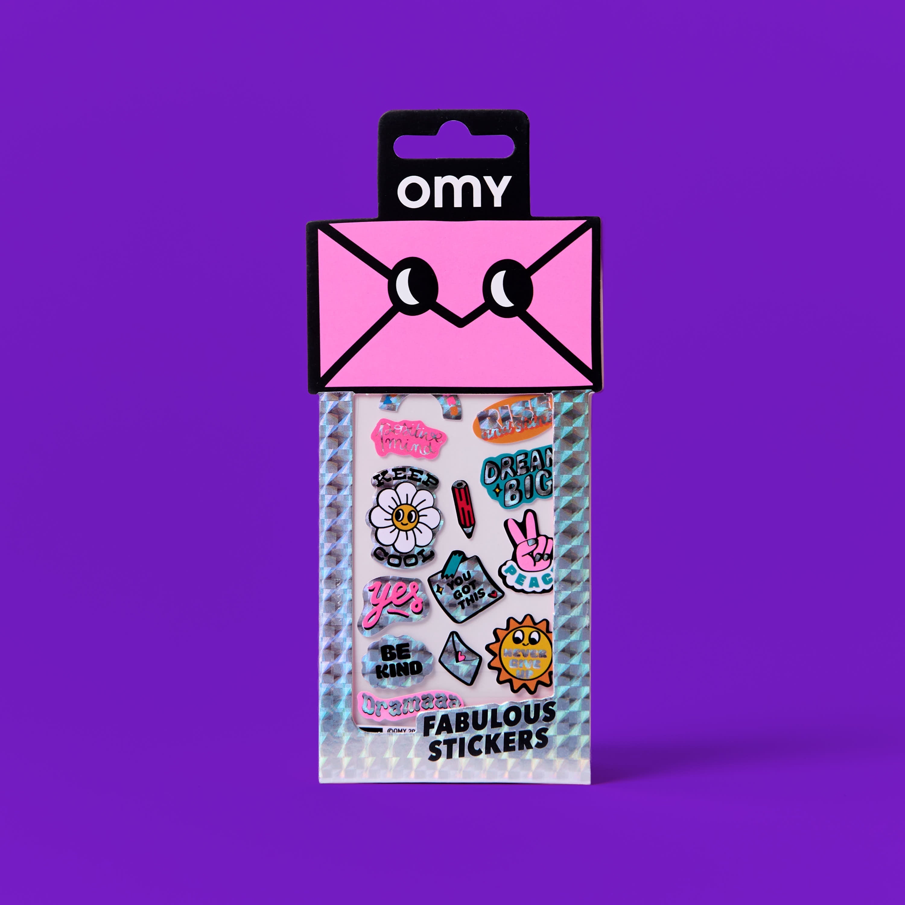 Iconic Message OMY sticker pack on a purple background