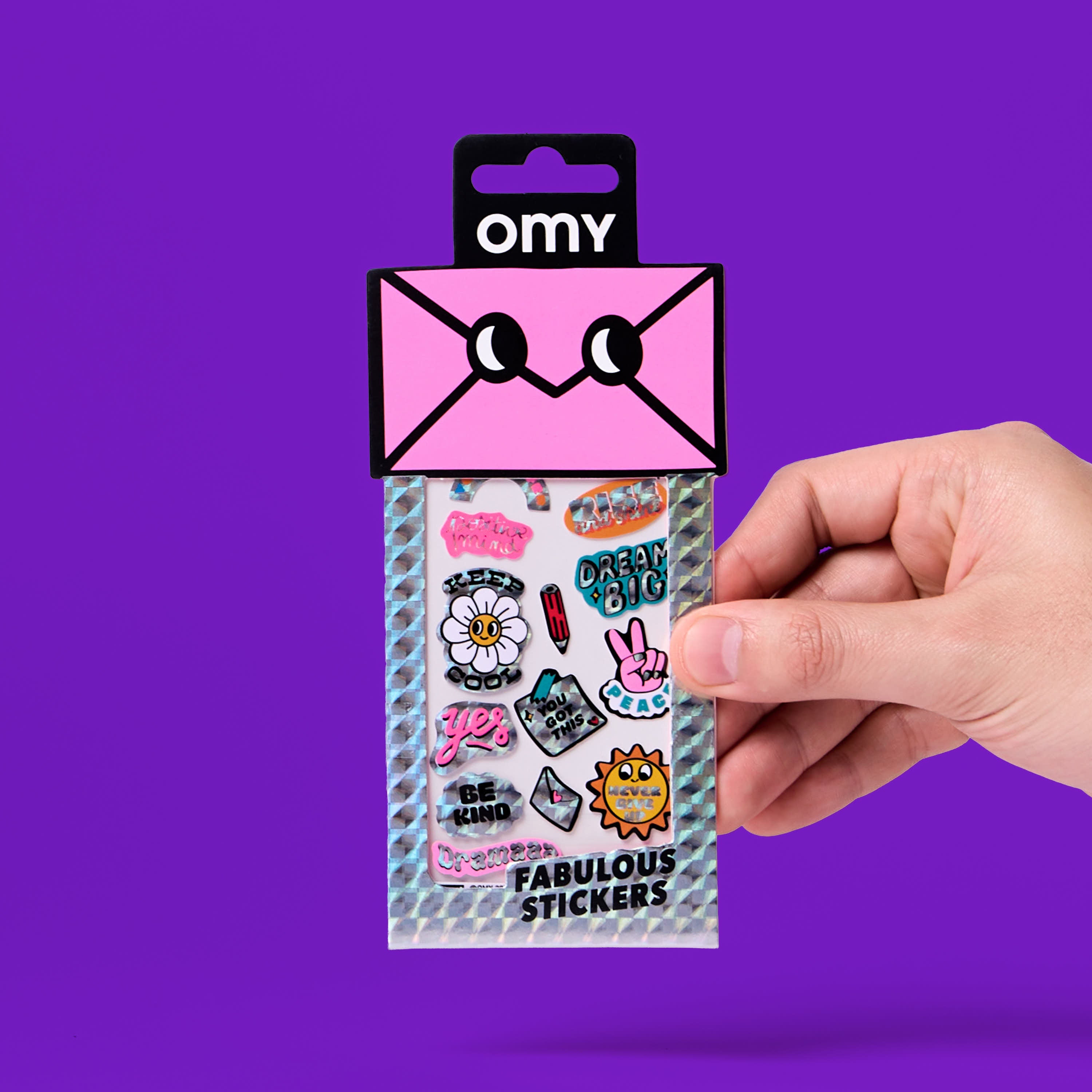 Fabulous Stickers Messages OMY packaging with a pink envelope and holographic stickers with positive messages