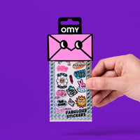 Fabulous Stickers Messages OMY packaging with a pink envelope and holographic stickers with positive messages