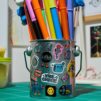 Fabulous Stickers OMY music stickers stuck on a pencil pot with colored markers, creative waterproof vinyl decor