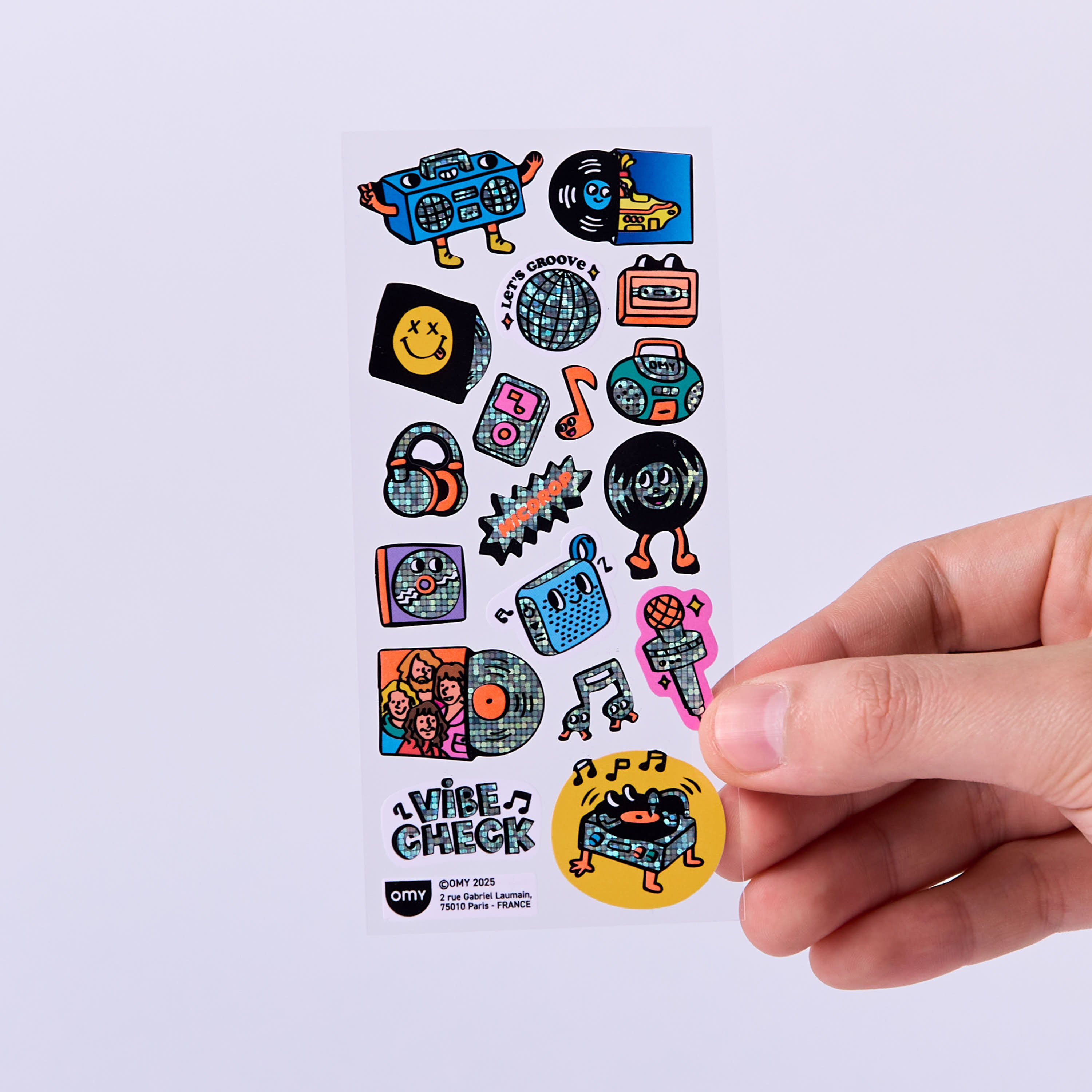 Planche de Fabulous Stickers Music OMY – stickers vinyle fluorescents et holographiques avec illustrations musique, DJ, vinyles et micros