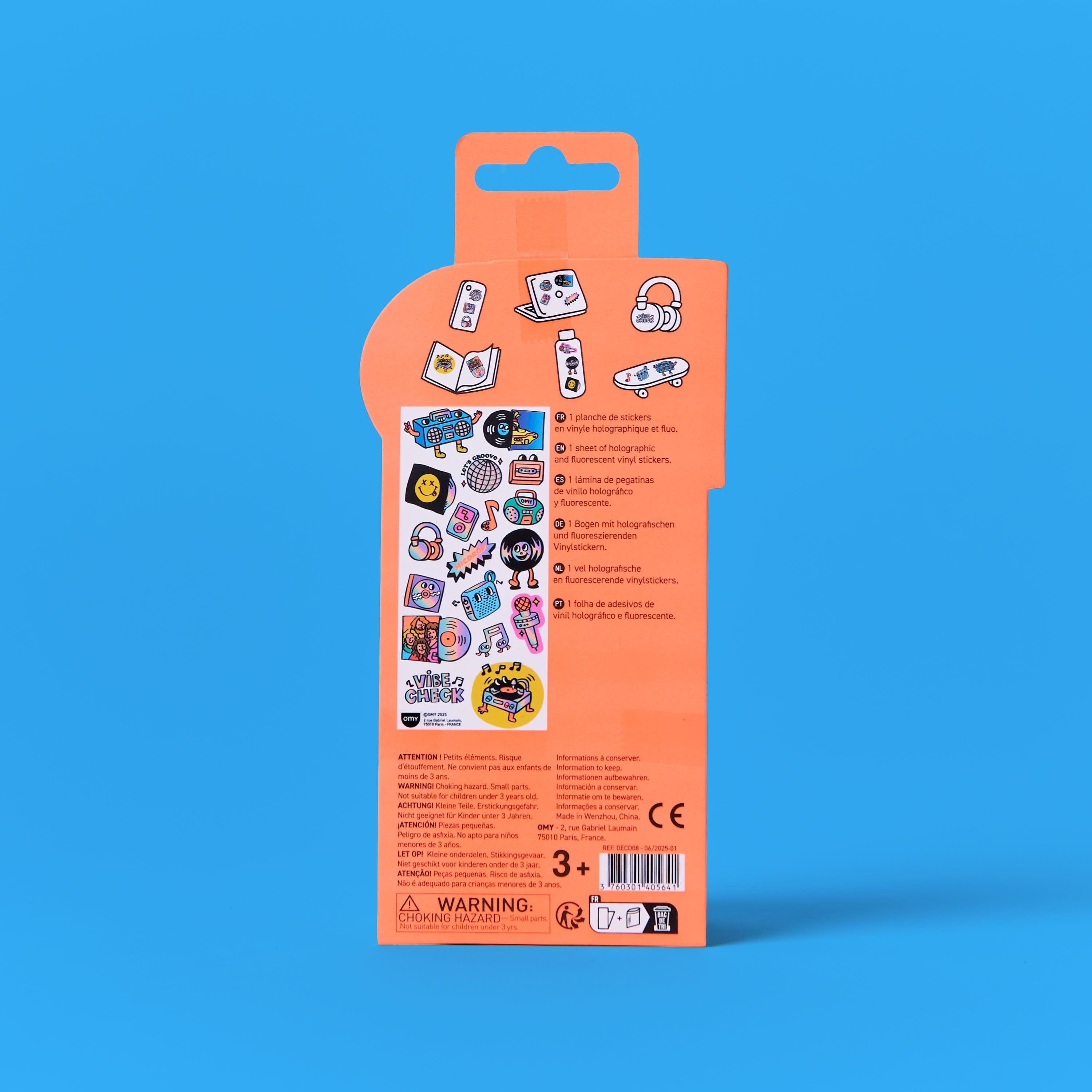 Back of the Fabulous Stickers Music OMY pack, product information and examples of use for the holographic vinyl stickers
