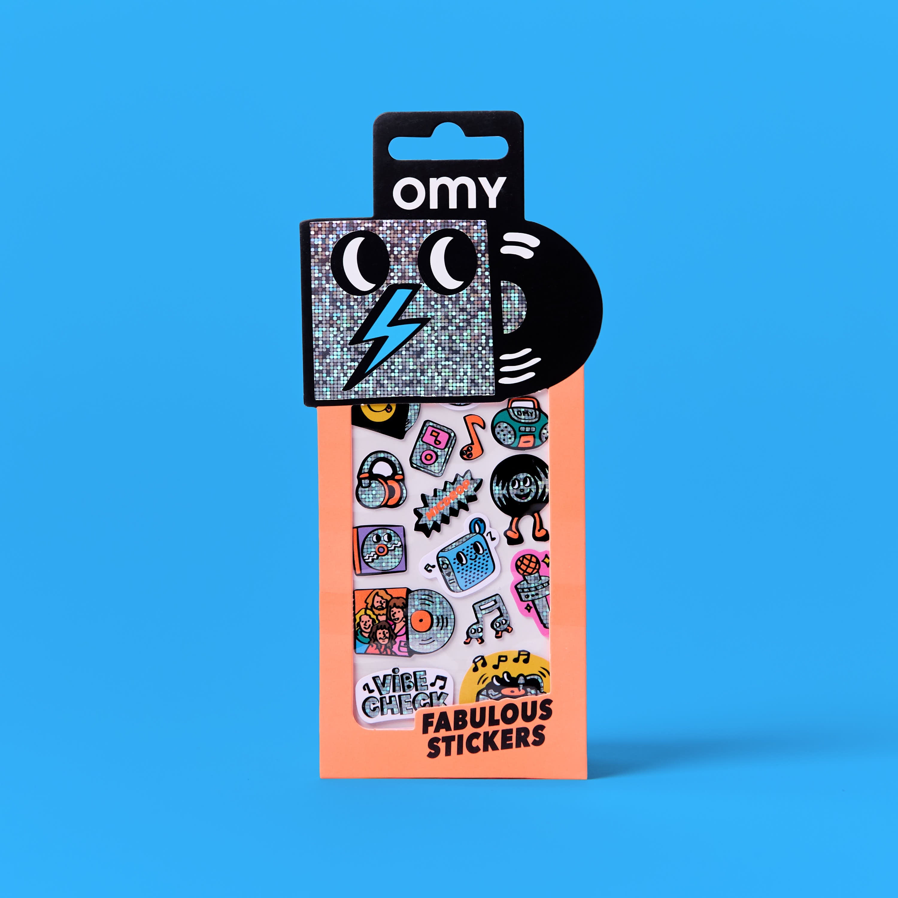 Fabulous Stickers Music OMY, pack of holographic and fluorescent vinyl stickers to stick anywhere, front view on a blue background