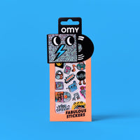 Fabulous Stickers Music OMY, pack of holographic and fluorescent vinyl stickers to stick anywhere, front view on a blue background