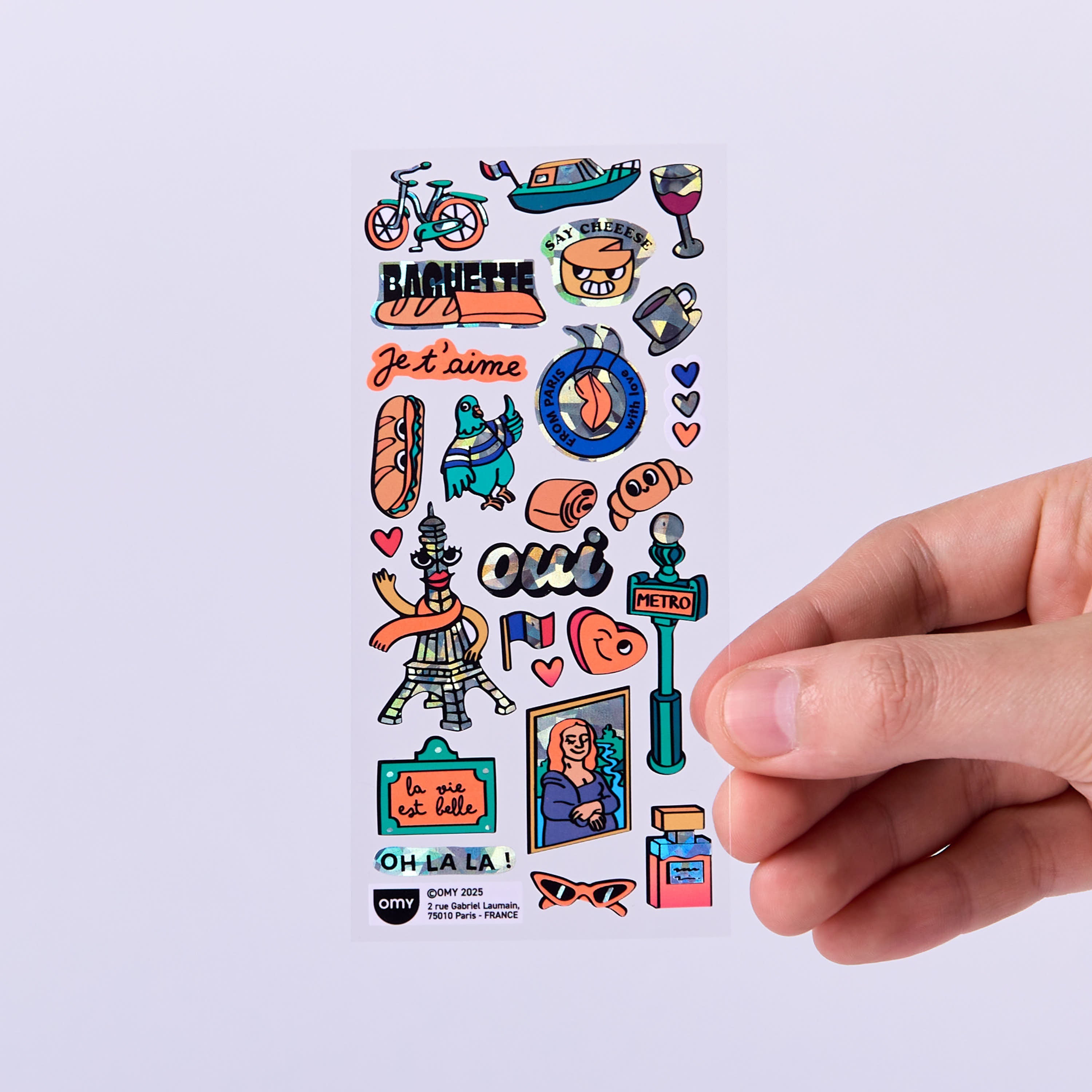 Paris OMY sticker sheet with Eiffel Tower, metro, baguette, croissant and iconic messages