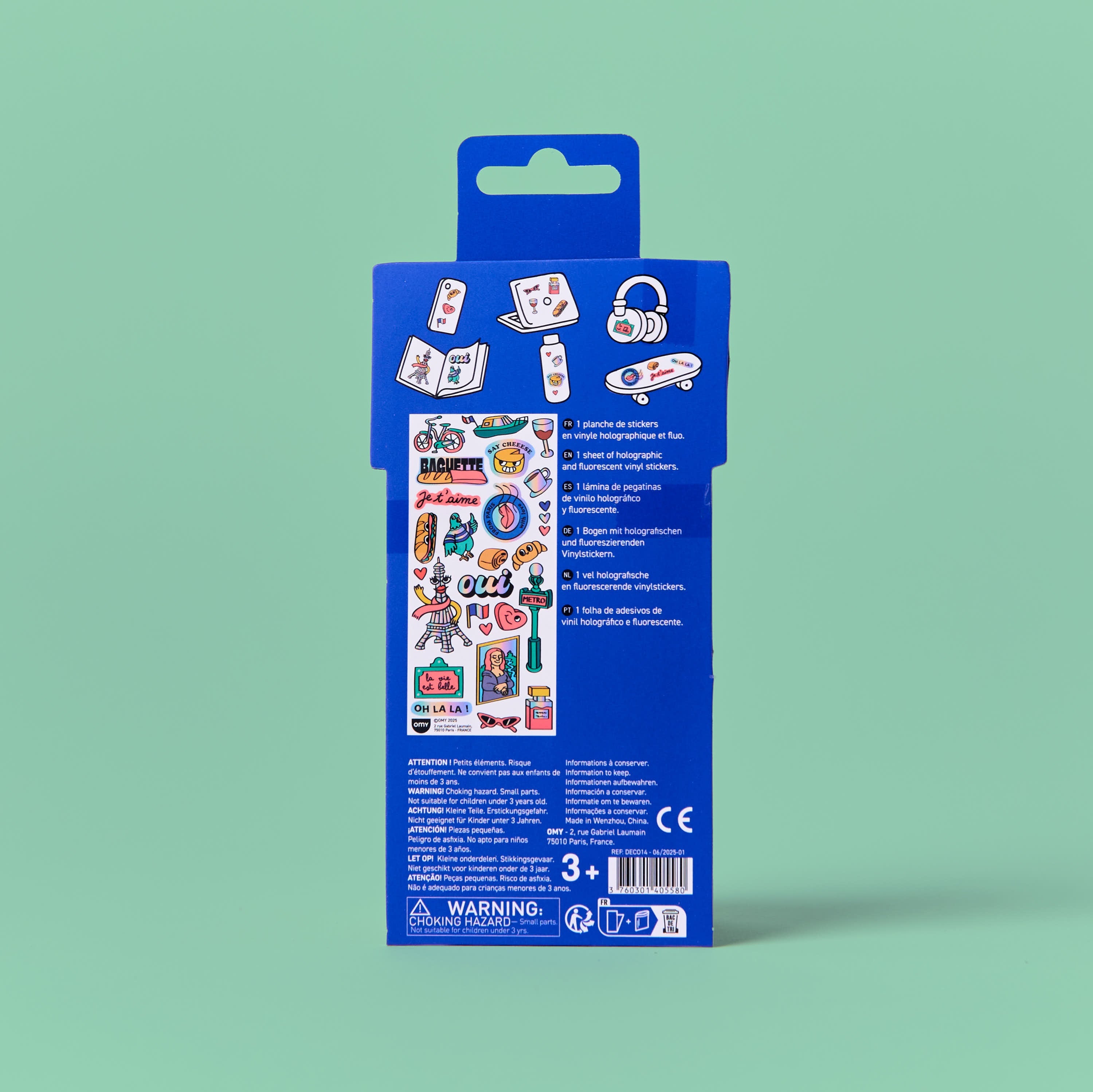 Back of the Fabulous Stickers Paris OMY packaging, holographic and fluorescent vinyl stickers