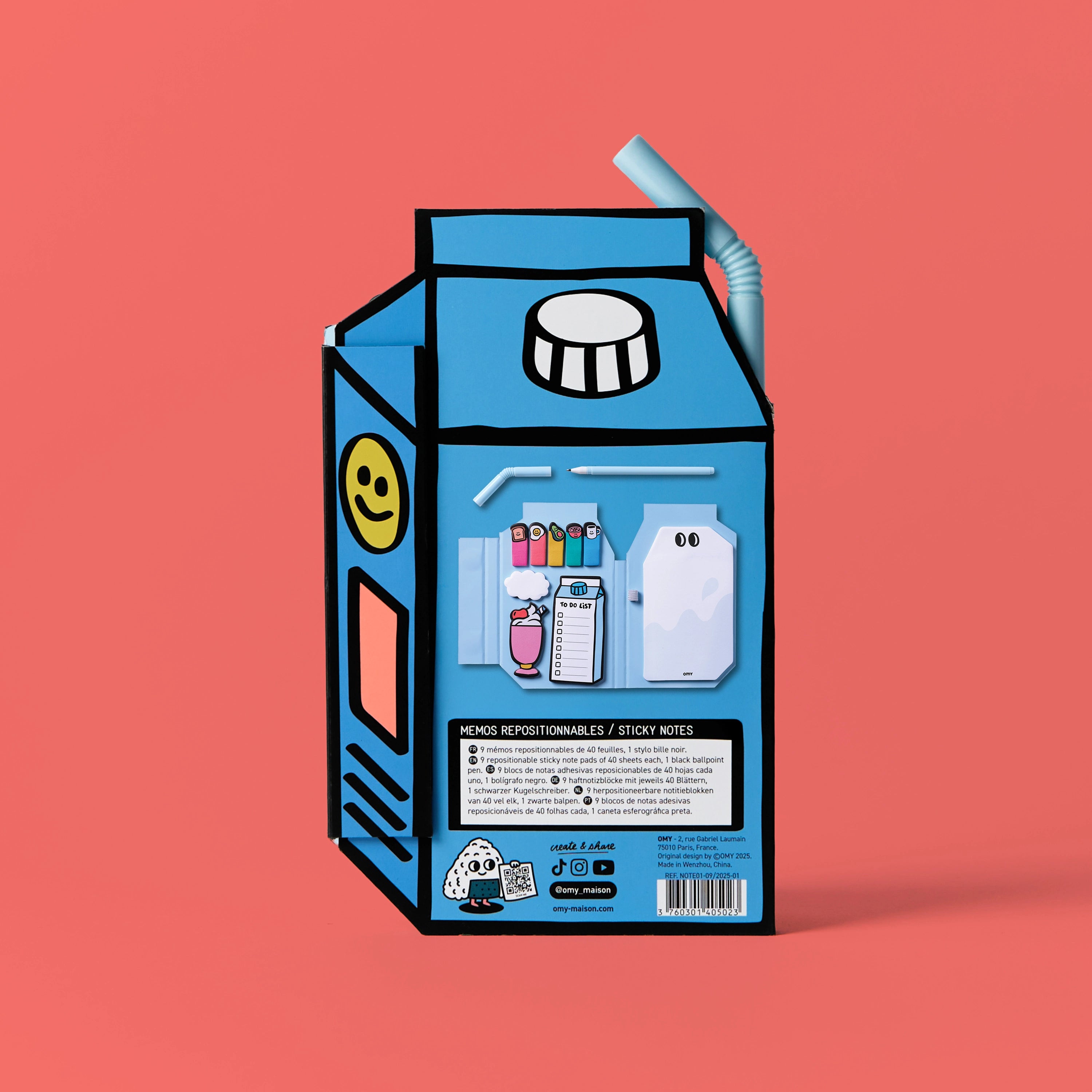 Sticky Notes Miky OMY – Dos du packaging avec descriptif du contenu : 9 mémos repositionnables colorés, 1 stylo bille, notes autocollantes papeterie créative