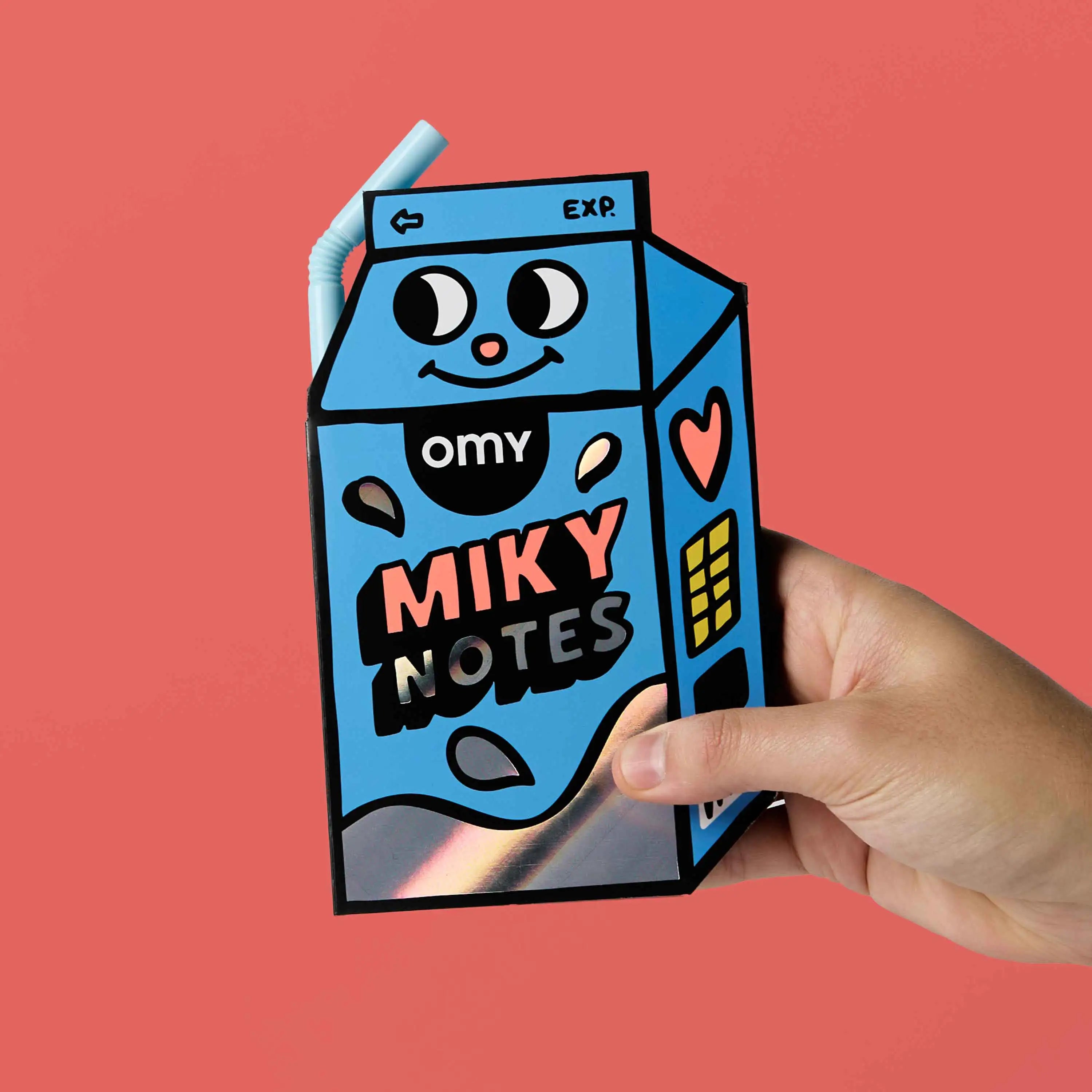 Sticky Notes Miky OMY – Bloc-notes repositionnables en forme de brique de lait bleue avec paille-stylo, tenu en main