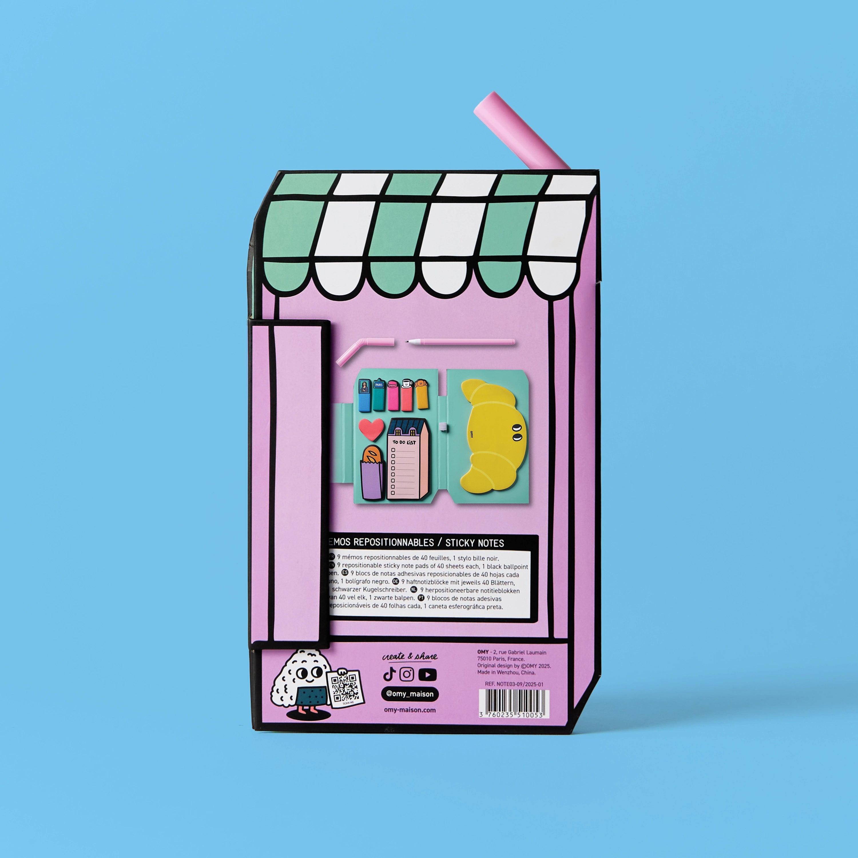 Sticky Notes Paris OMY – Dos du packaging kiosque parisien rose avec descriptif du contenu : mémos repositionnables et notes autocollantes