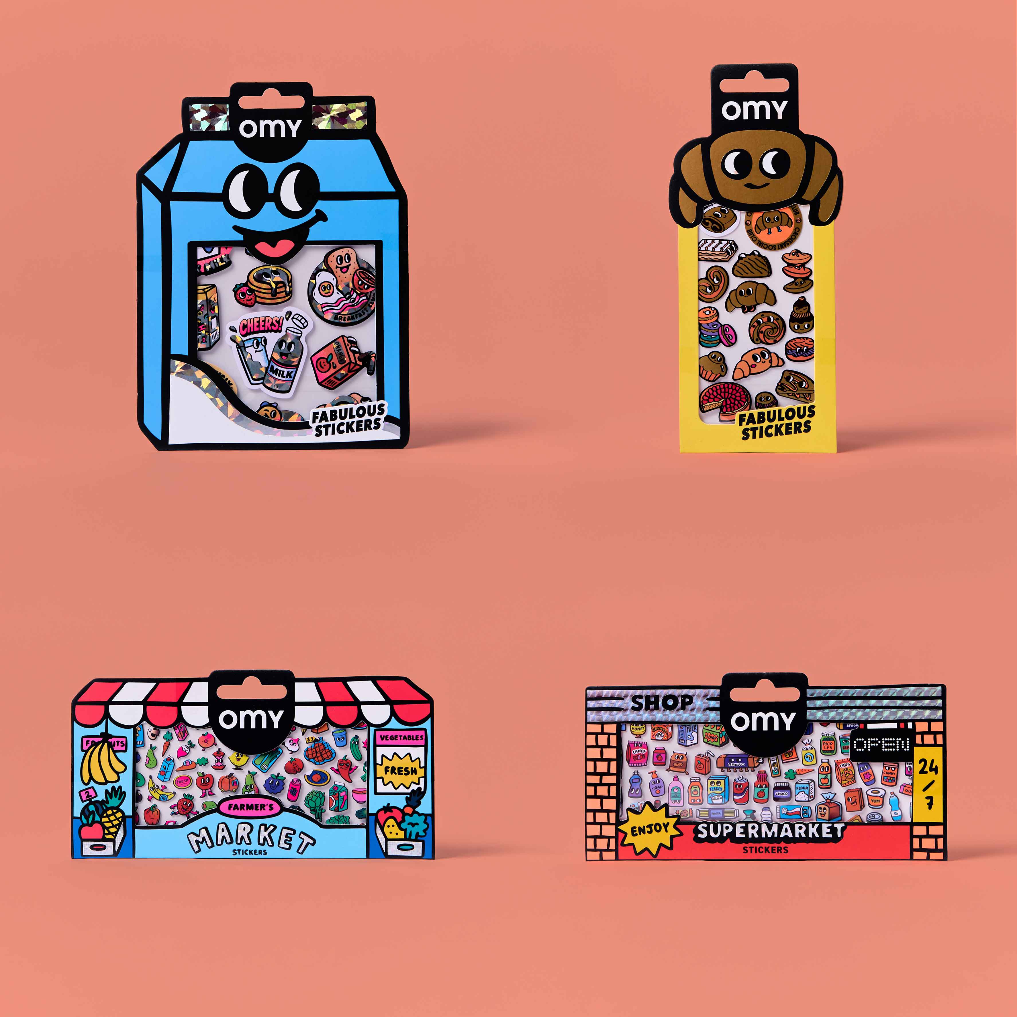 Four OMY sticker packs with a supermarket theme on an orange background.