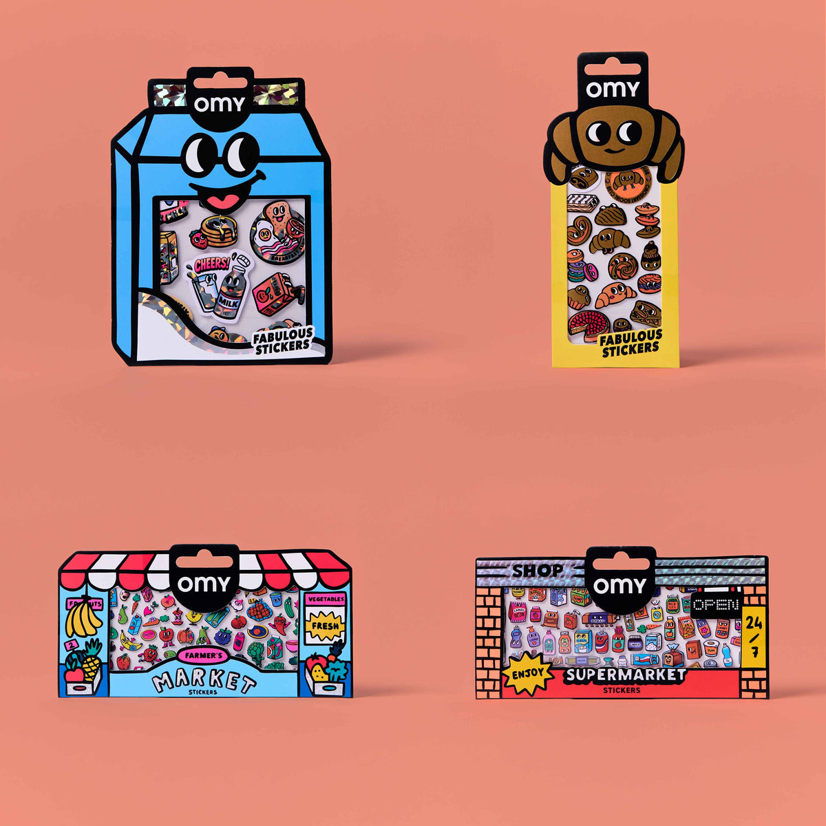 Quattro pack di sticker OMY a tema supermercato su sfondo arancione.