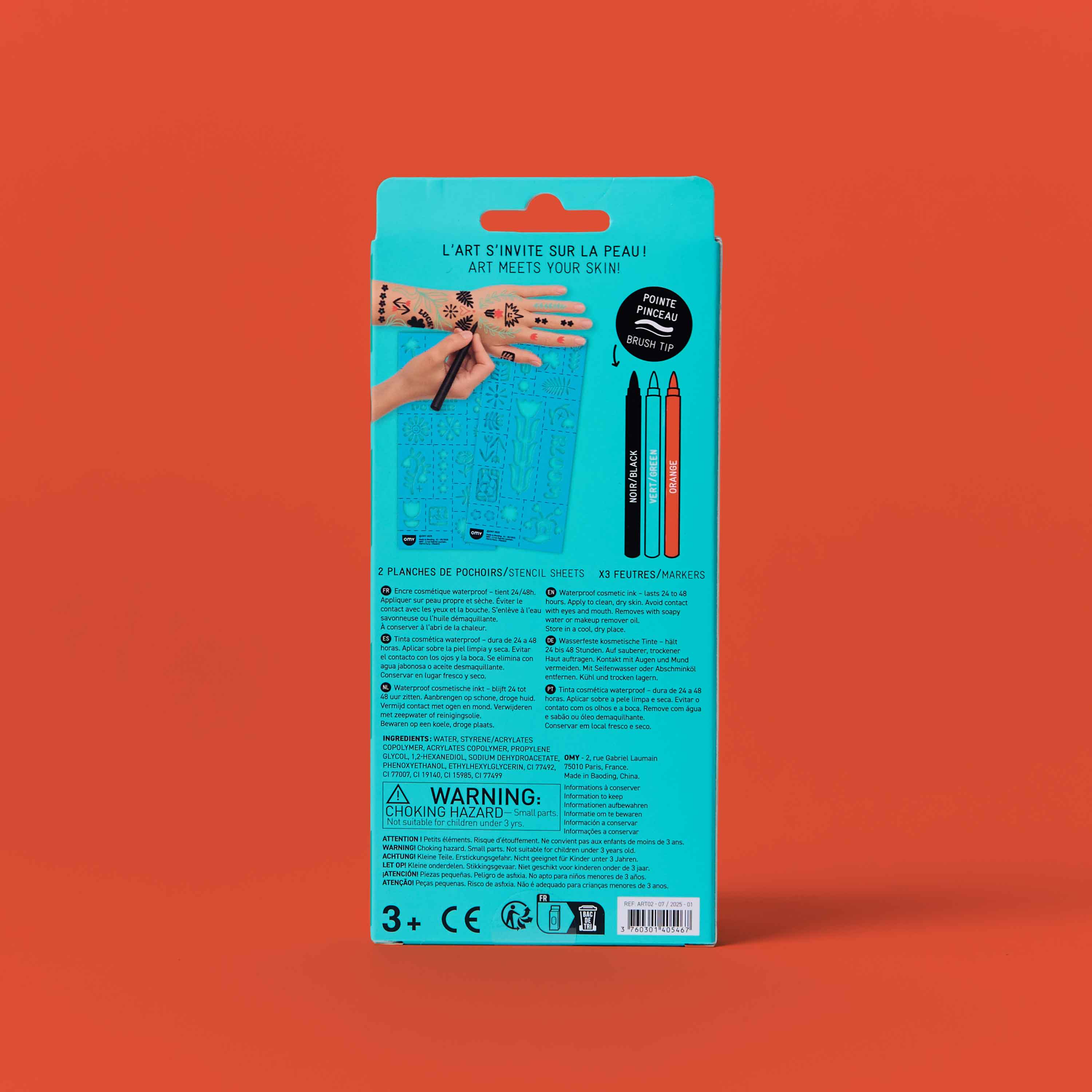 Dos du coffret Flower power Tattoo Art OMY, feutres tatouage temporaires avec pointe pinceau et pochoirs