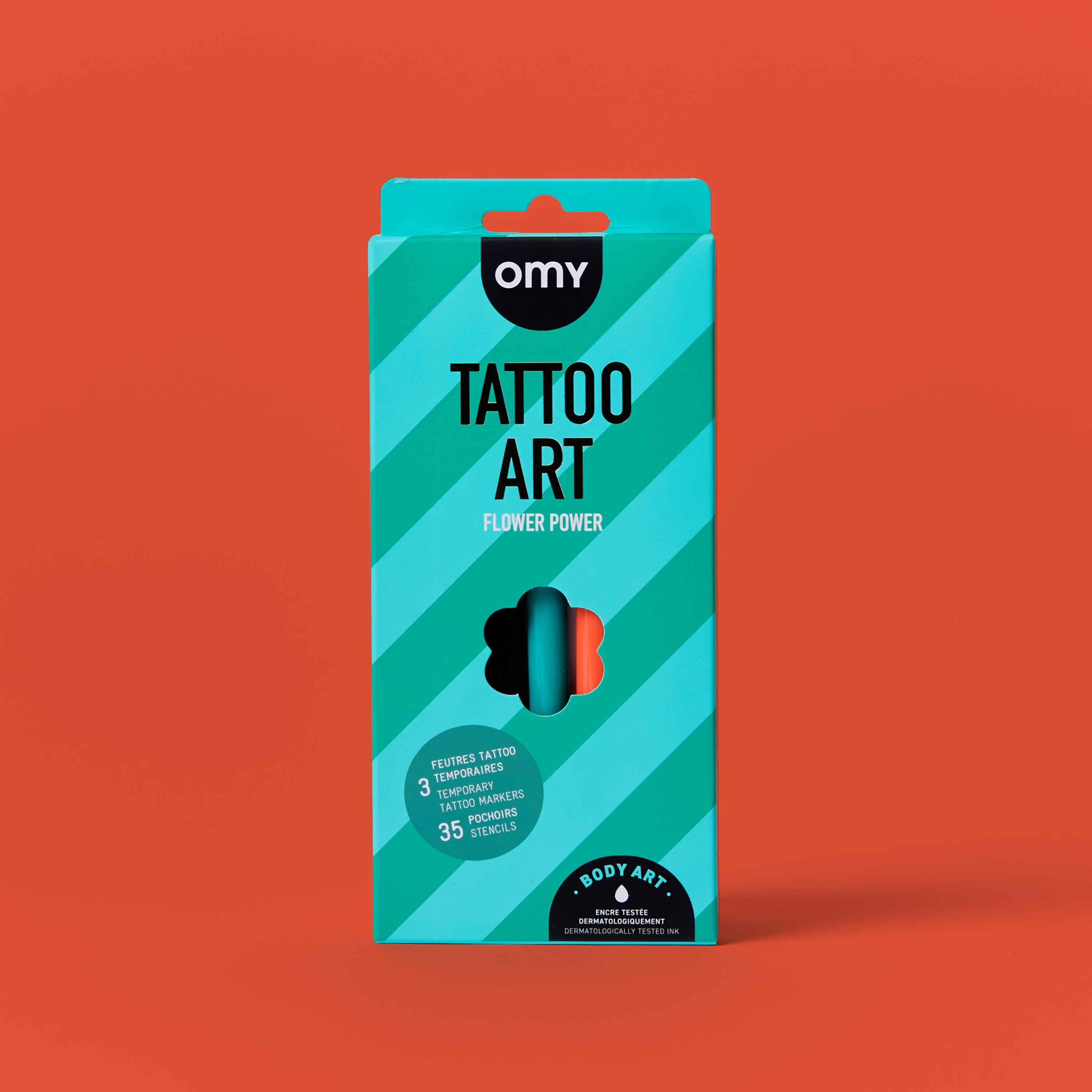 Coffret Tattoo Flower Power Art OMY, feutres tatouage temporaires à encre éphémère, vue produit