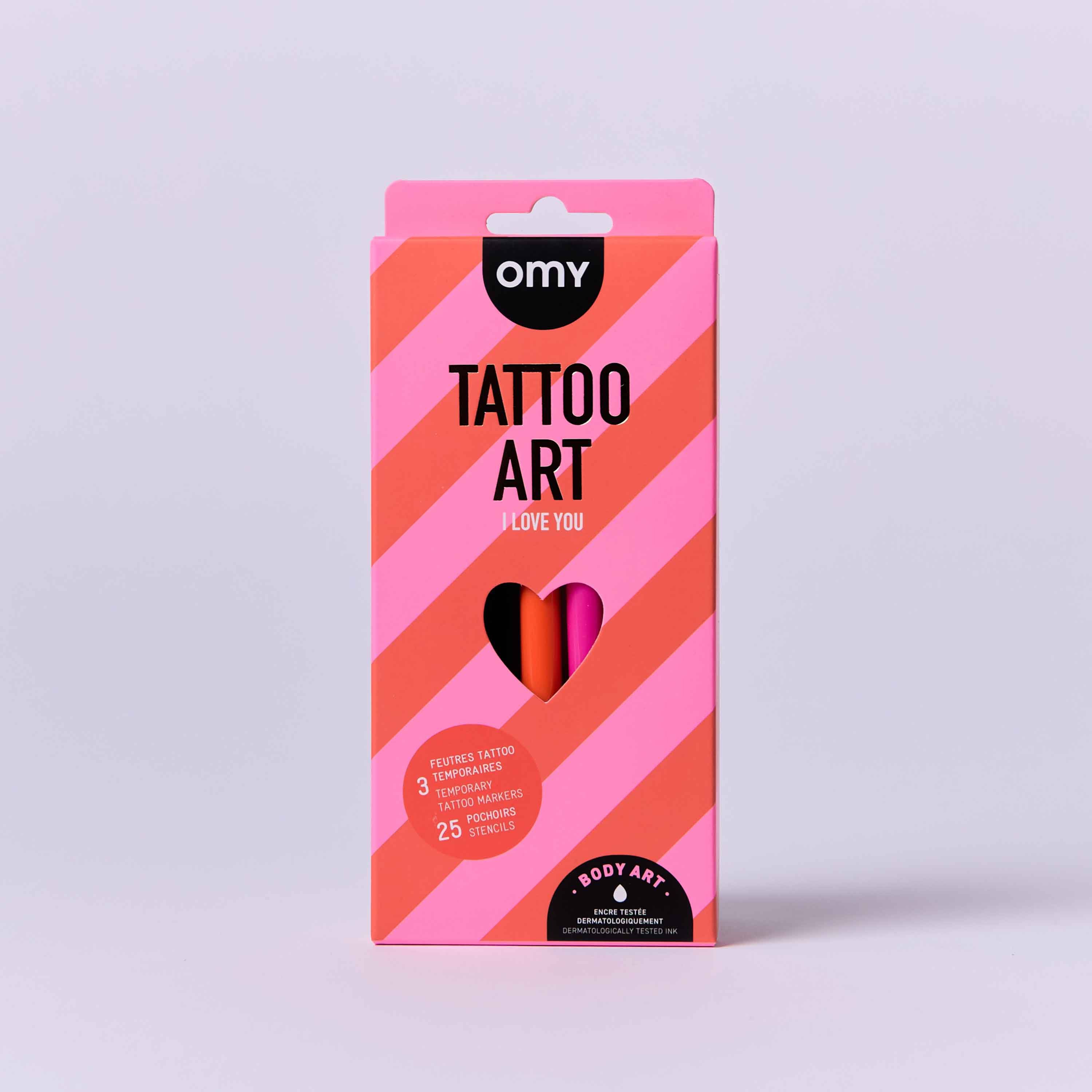Coffret Tattoo Art I Love You OMY, feutres tatouage temporaires rose orange et noir avec 25 pochoirs
