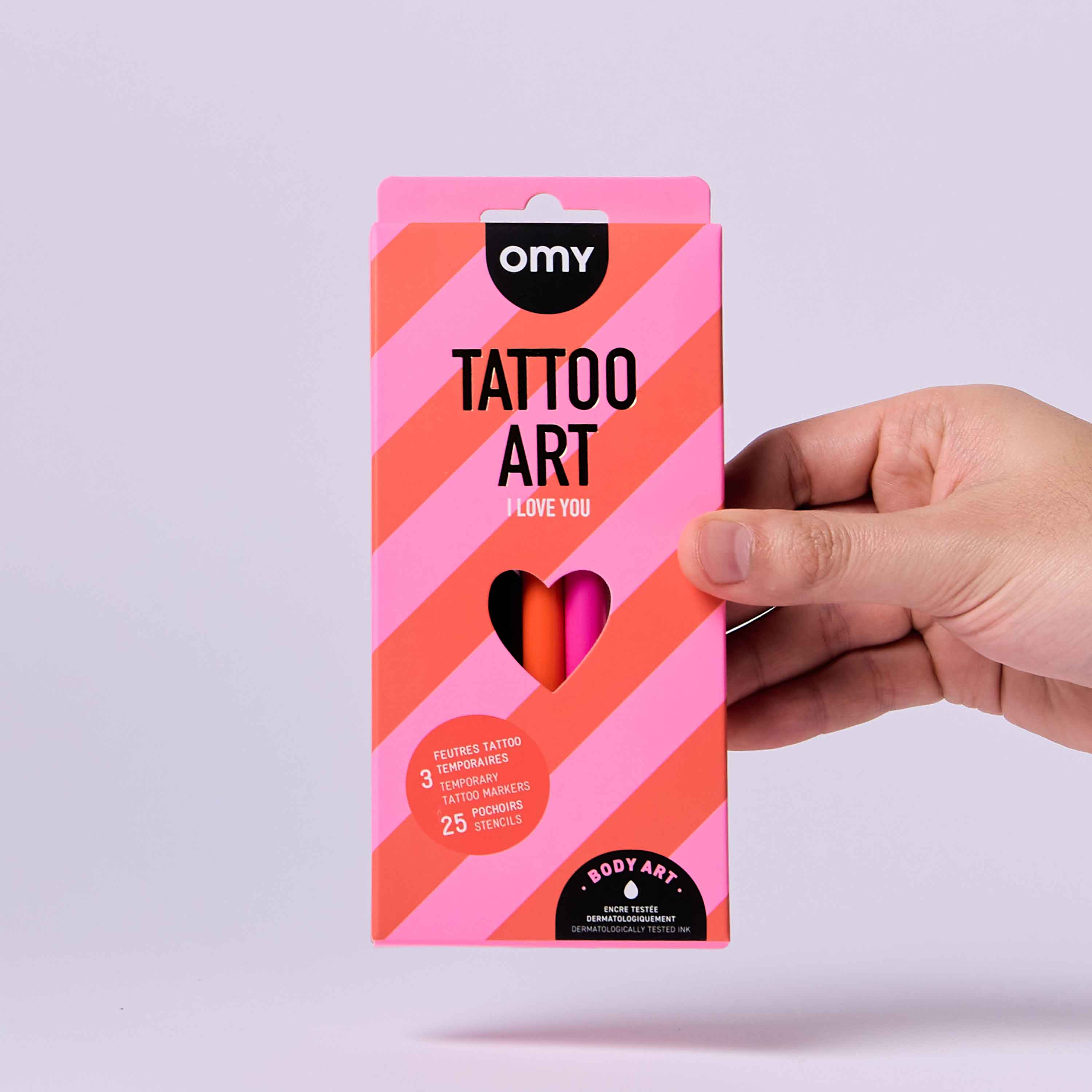 Tattoo Art I Love You OMY, feutres tatouage temporaires rose orange et noir avec 25 pochoirs, coffret face avant