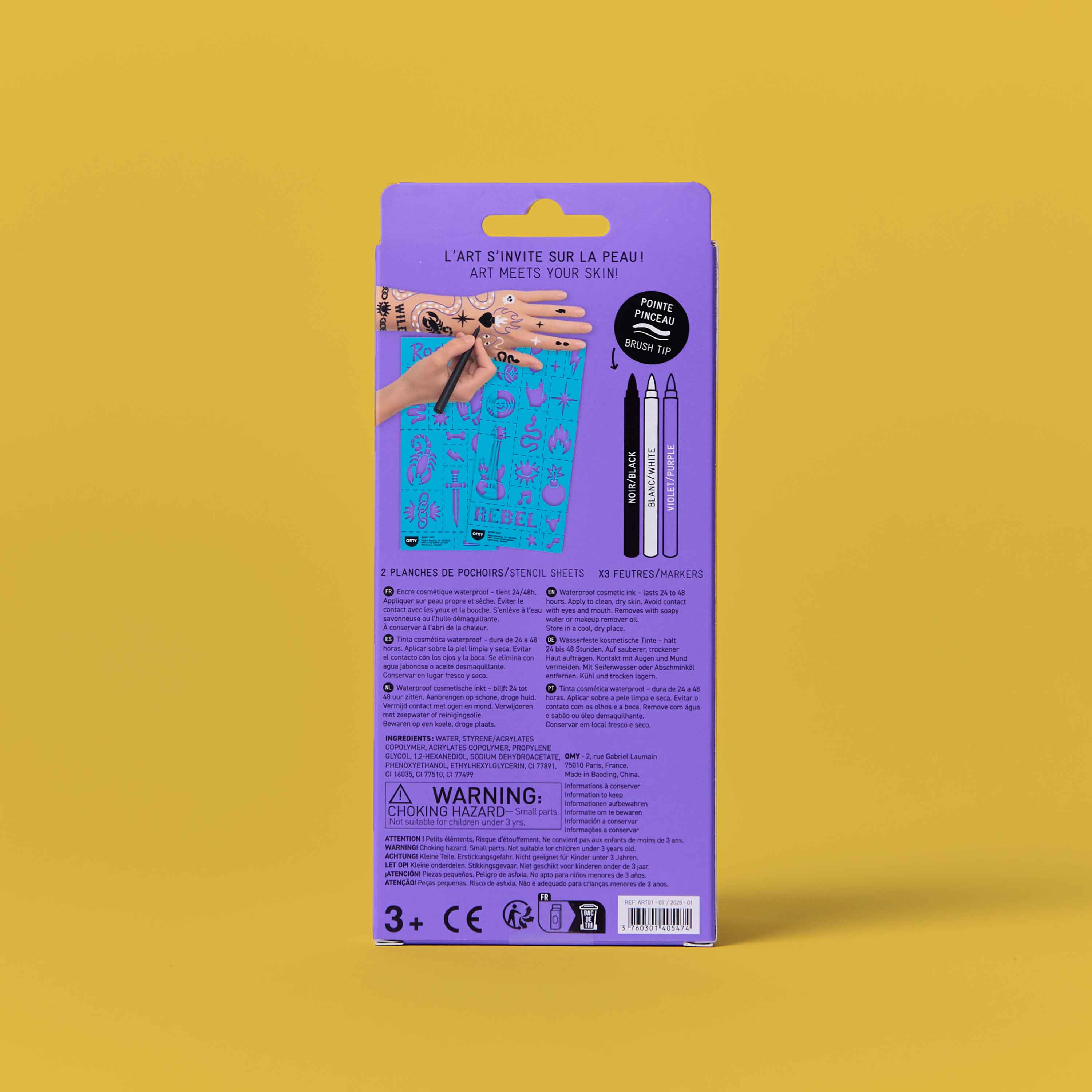 Dos du coffret Tattoo Art Rock Club OMY, feutres tatouage temporaires avec pochoirs et pointe pinceau