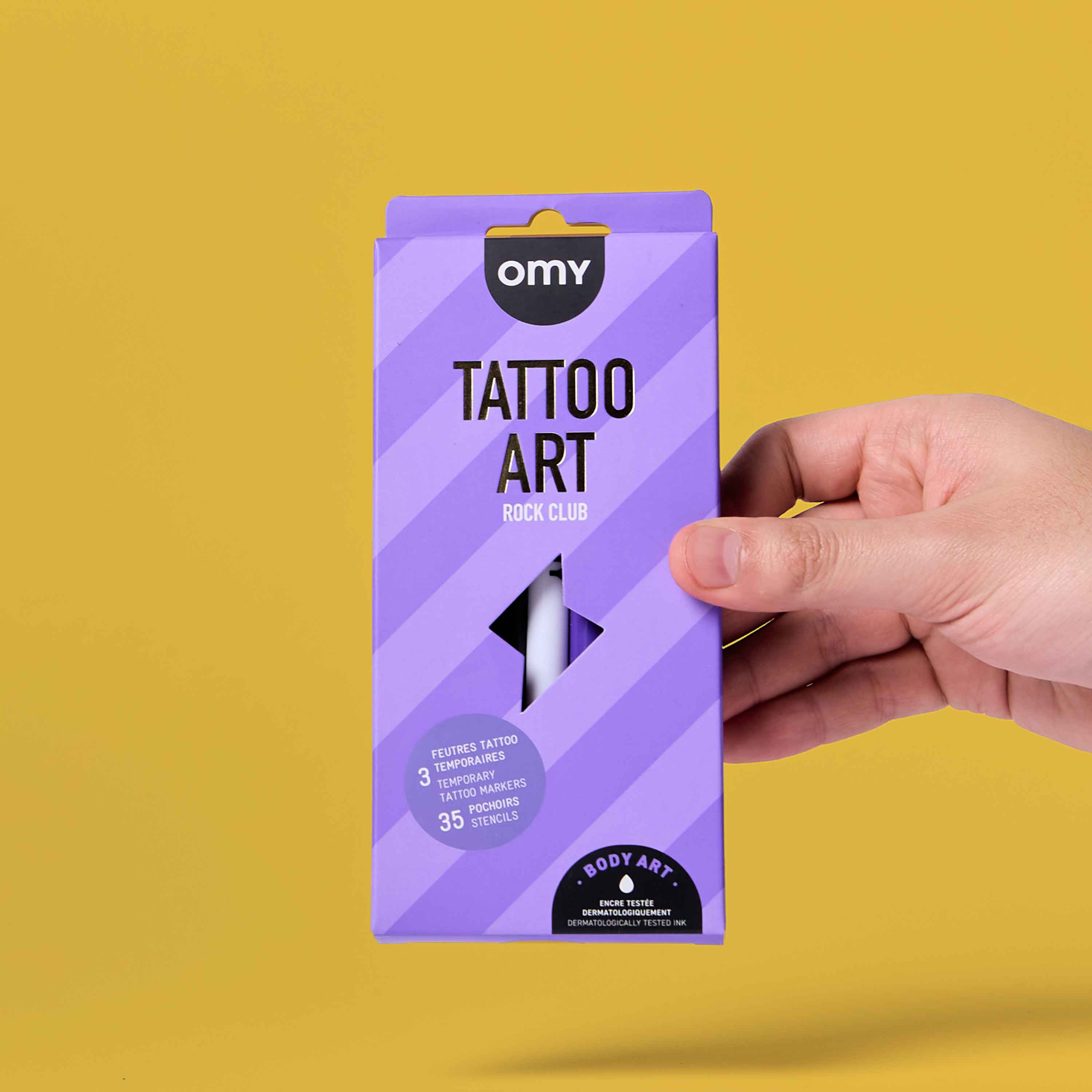 Fronte della confezione Tattoo Art Rock Club OMY, pennarelli per tatuaggi temporanei in 3 colori con 35 stencil