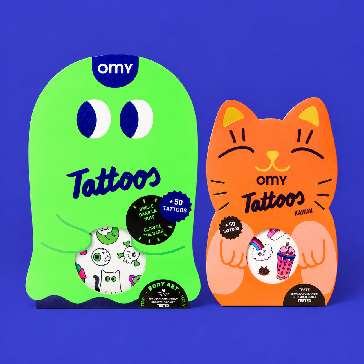 Duo de tatouages temporaires OMY : pochette fantôme vert fluo phosphorescente et pochette chat orange Kawaii, +50 tatouages chacune