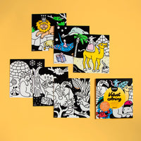 Velvet Coloring Animals OMY packaging and its velvet pictures to color: lion, dolphin, camel, polar bear and toucan, on a yellow background