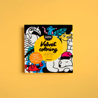 Velvet Coloring Animals OMY packaging, my first velvet coloring pictures: 6 easy-to-color pictures, on a yellow background