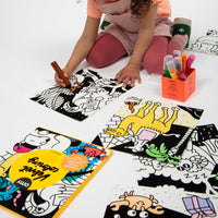 Child coloring with markers the Velvet Coloring Animals OMY pictures, velvet coloring art, with a pot of Jumbo OMY markers
