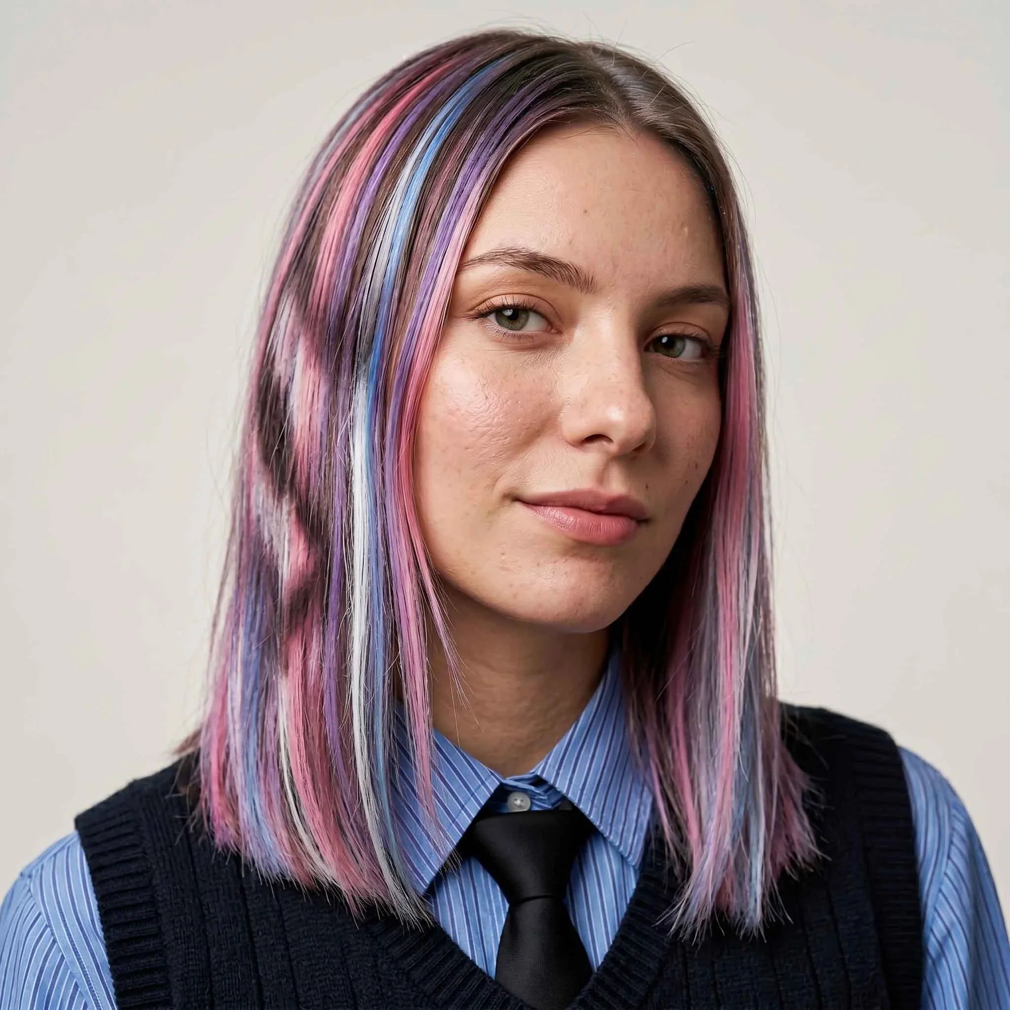 Woman with straight medium-length hair with pastel pink, blue and purple streaks, temporary color created with hair chalk.