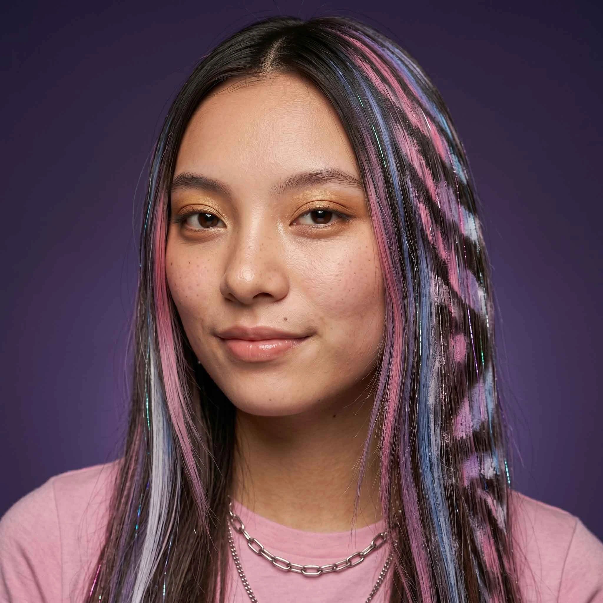 Femme aux cheveux longs bruns avec mèches colorées roses, bleues et violettes effet Wicked, coloration temporaire réalisée avec craies pour cheveux (hair chalk), style tendance et original