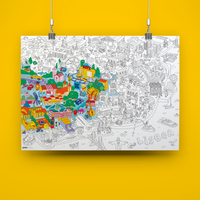 Poster di Lisbona colorato appeso al muro, illustrazione dettagliata della città.
