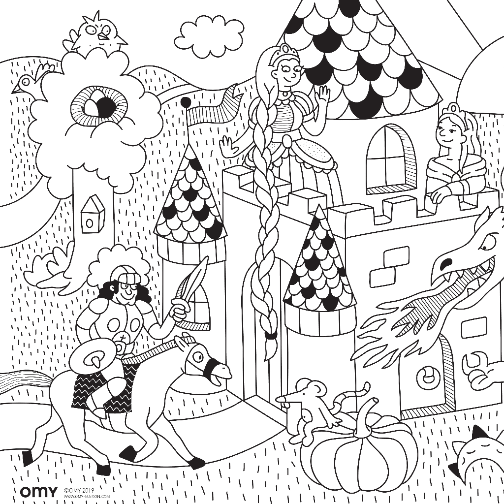 Desenho para colorir OMY Princess & Dragon a preto e branco: castelo, princesas, cavaleiro e dragão que cospe fogo