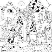 OMY Princess & Dragon Ausmalbild in Schwarz-Weiß: Schloss, Prinzessinnen, Ritter und feuerspeiender Drache