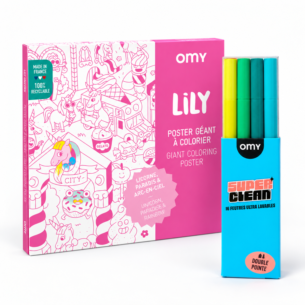 Poster géant à colorier OMY Lily licorne et arc-en-ciel et boîte de 16 feutres ultra lavables double pointe Super Clean