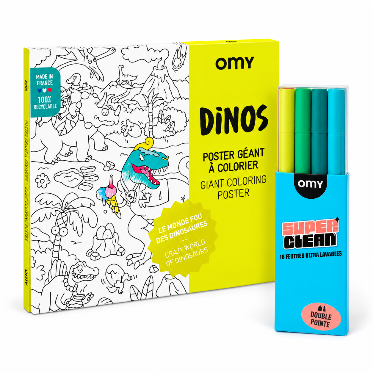 Poster géant à colorier OMY Dinos et boîte de 16 feutres ultra lavables double pointe Super Clean