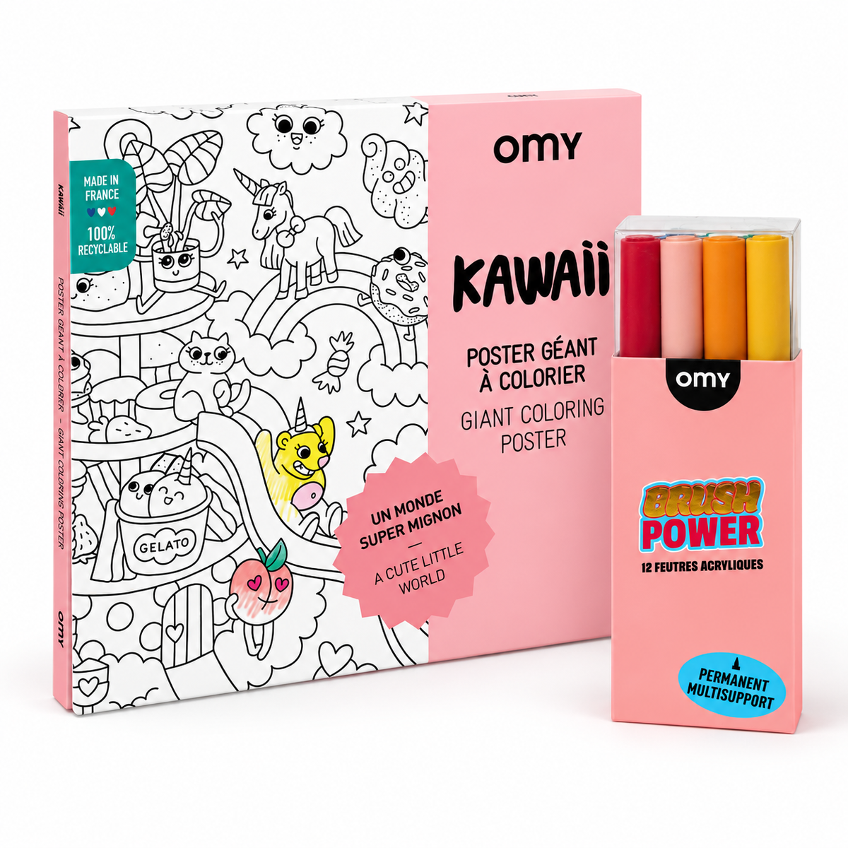 OMY Kawaii Riesenposter zum Ausmalen und Box mit 12 Acryl-Filzstiften Brush Power