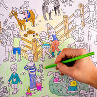 Child's hand coloring a horse on the Pony Club OMY poster, a fun riding center scene.