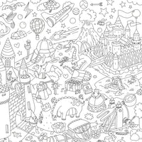 Black-and-white drawing of the OMY Magic giant coloring poster, full of fairy-tale and humorous details.