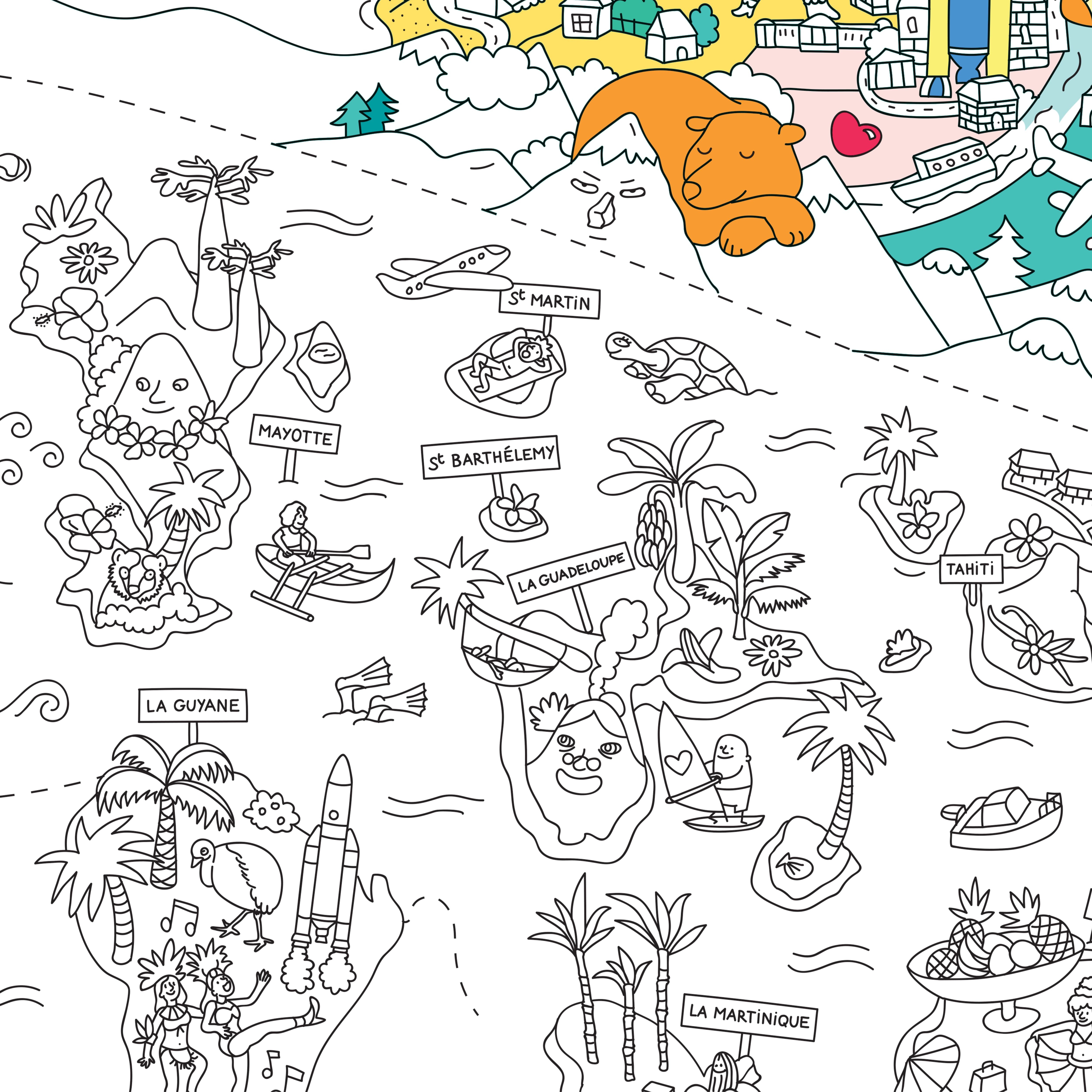 Detalle del póster gigante OMY de Francia para colorear en blanco y negro, con los territorios de ultramar, Bretaña y los Alpes