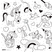 Dessin à colorier OMY en noir et blanc : licornes, arc-en-ciel, glace, baguette magique, étoiles et cœurs