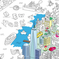 New York coloring poster – detailed city illustration with taxis, buildings and pedestrians. OMY New York coloring poster – One World Trade Center and Hudson River partially colored