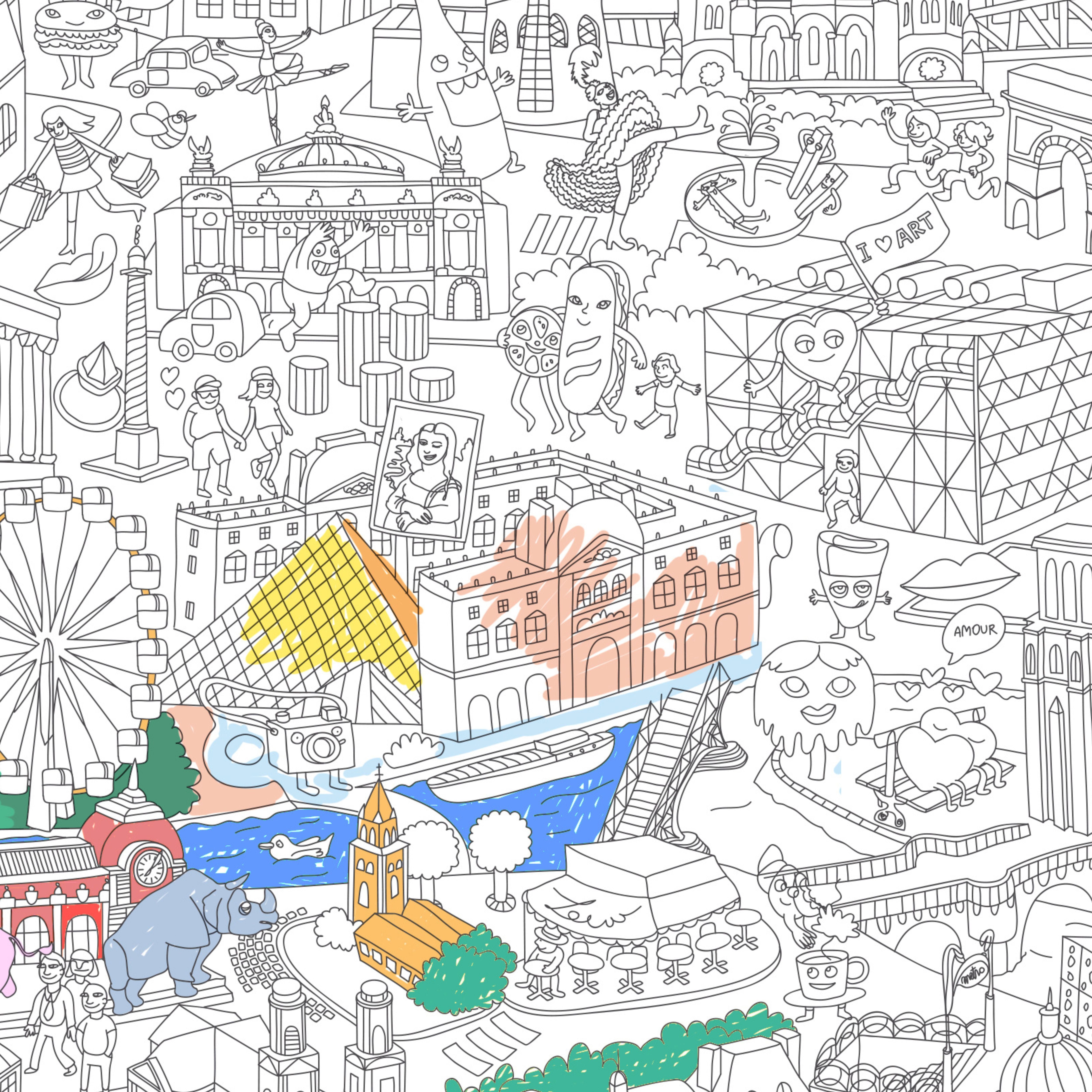 Détail en noir et blanc du poster Paris à colorier avec monuments historiques
